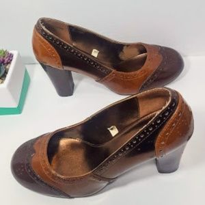 Wingtip Chunky Retro Brown Heels Shoes sz 8